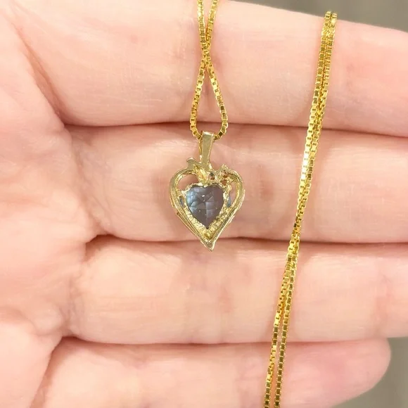 10K Swiss Blue Topaz heart cut cz petite elegant yellow gold open heart pendant - Picture 9 of 11